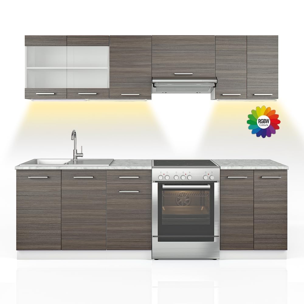Vicco Küchenzeile Raul, Goldkraft Eiche/Anthrazit, 240 cm, AP Schwarz Gemustert, mit modularen Elementen flexibel kombinierbar