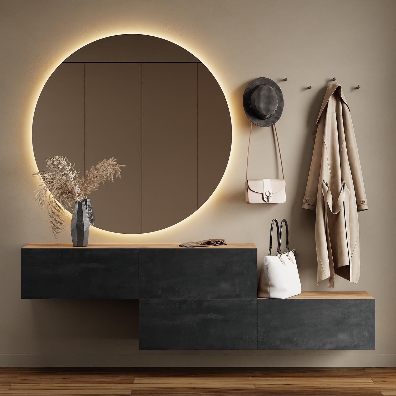 Planetmöbel Flur Möbel Garderobe Hängeschrank 2X 140 cm Gold Eiche - Anthrazit, Kompaktgarderobe mit Klappe als Stauraum, Wandgarderobe hängend oder stehend, 37,8T x 140B x 32,5H cm