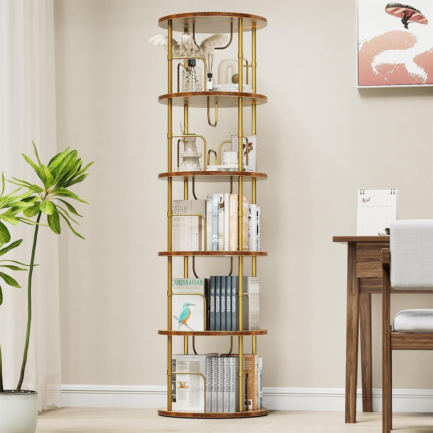 Generisch 360° Drehbares Bücherregal, Bodenstehendes Bücherschrank Aus Holz, Bookshelf Mit 5 Ebenen, Verstellbare Ebenen, Standregal, 45×45×160cm, Weiß