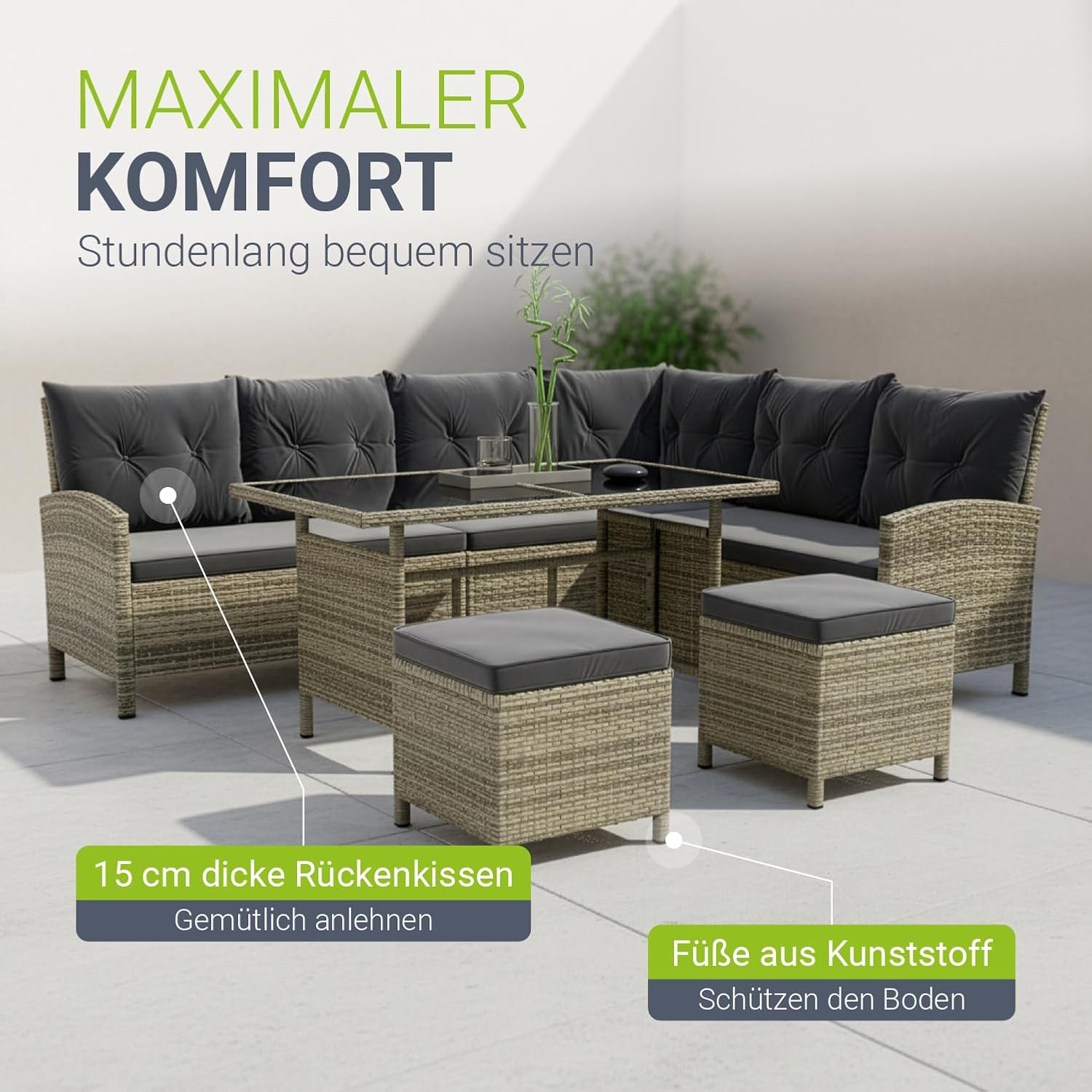 Juskys Polyrattan Lounge Manacor mit Ecksofa, Esstisch, 2 Hocker & Kissen - wetterfest bis 7 Personen - Bezüge waschbar - Rattan Garten Sitzgruppe Gartenlounge Gartenmöbel Set - Grau-meliert