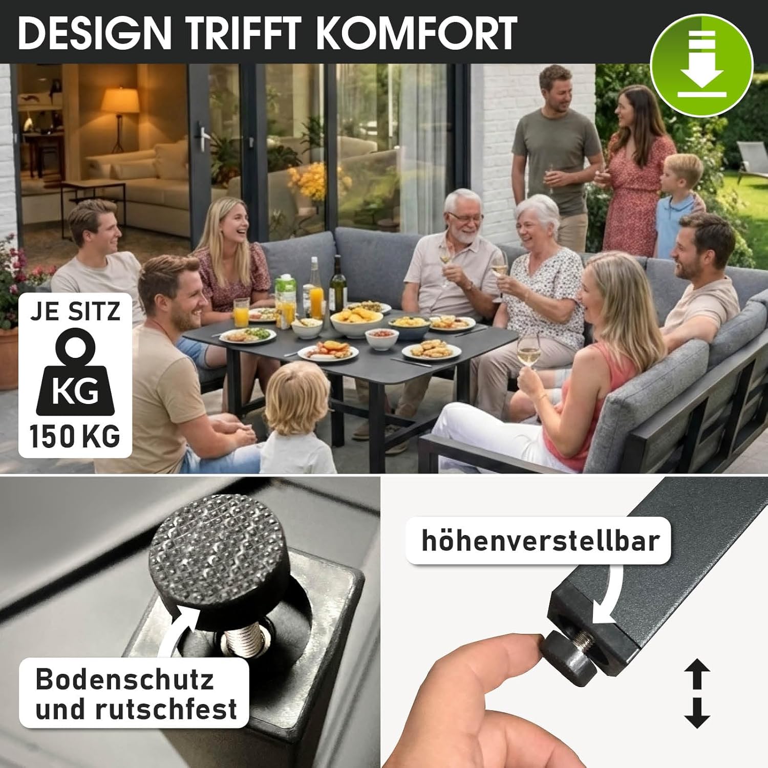 BRAST Loungemöbel Garten Set Madrid | bis zu 11 Personen | 296x170x70cm | wetterfest wasserabweisend | stabiles Stahlgestell | Outdoor Sofa Dining Lounge Gartenmöbel Sitzgruppe Essgruppe