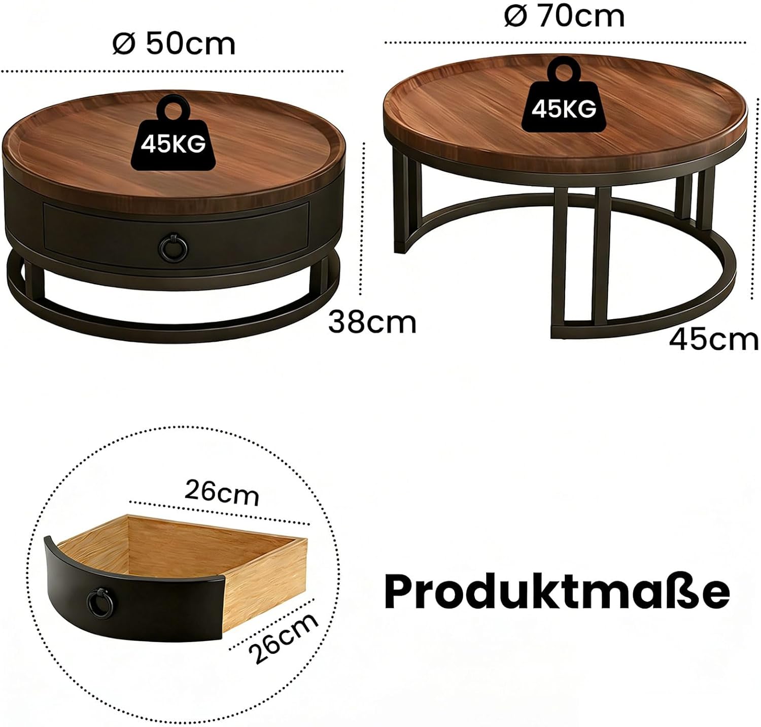 Generisch Couchtisch rund 2er Set mit Stauraum, Wohnzimmertisch mit Holz Schubladen, Walnussoptik und Metallrahmen, Moderne Kaffeetische Satztische Sofatisch für Wohnzimmer Schlafzimmer