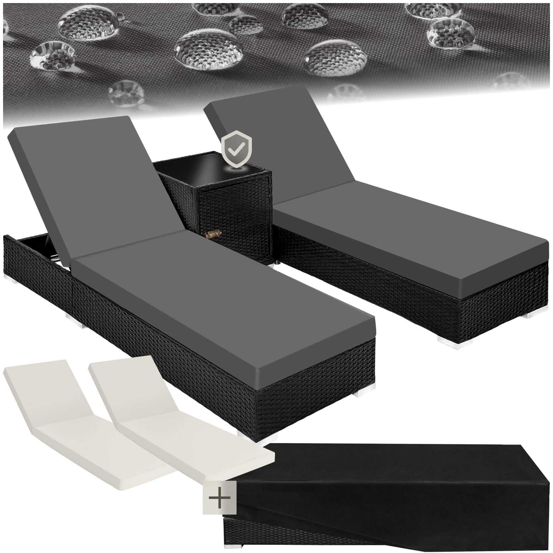 tectake® 2er Garten Lounge Sonnenliegen Set mit Tisch, Aluminium Gartenliege, Gartenlounge Outdoor, Relaxliege inkl. 2 Bezugsets und Schutzhülle, Outdoor Poly Rattan Gartenmöbel Set, 2er Set - grau