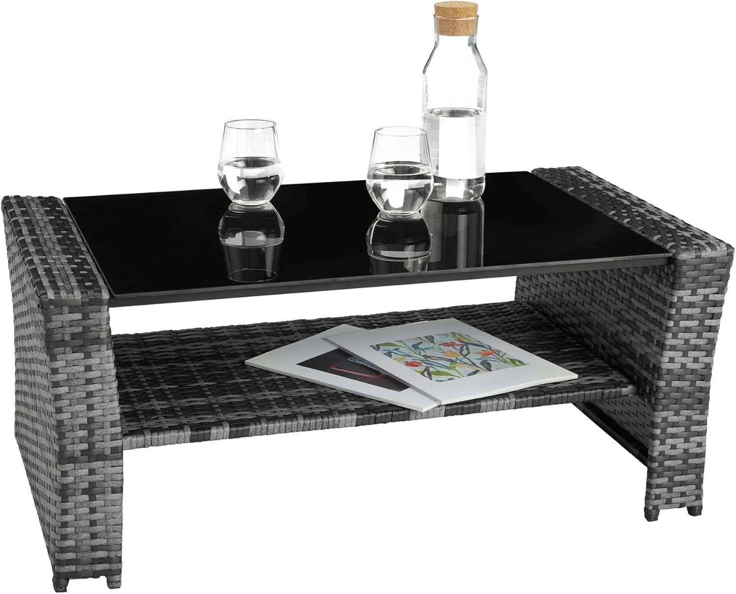 tectake Polyrattan Garten Sitzgruppe für 4 Personen mit Hocker, Rattan Gartenmöbel Set mit eingebauter Auflagenbox in der Sitzbank, Garten und Balkon Möbel - grau