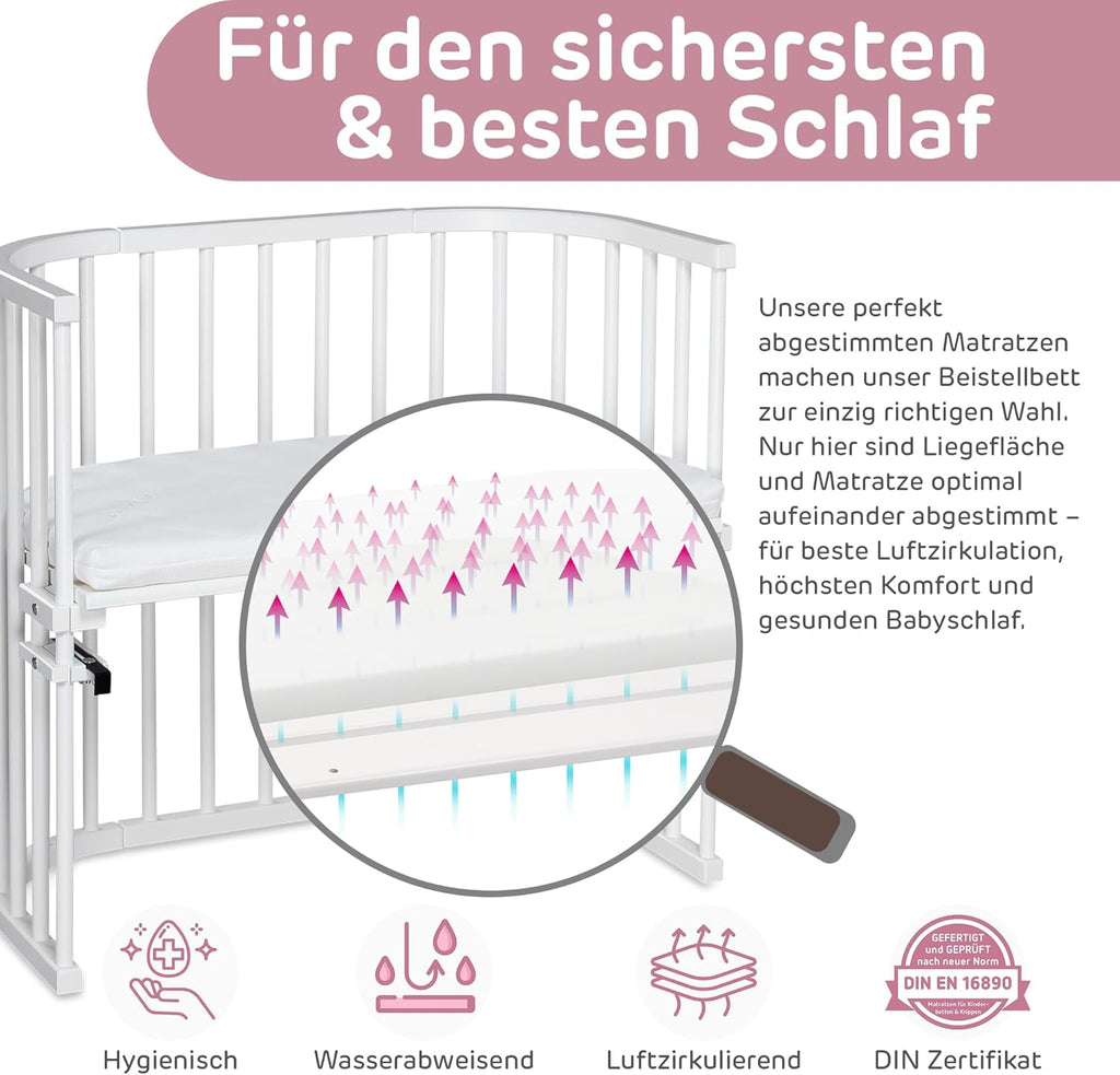babybay Original Beistellbett aus massivem Buchenholz / kompakt & verwandelbar / Kinderbett Höhe stufenlos verstellbar & umweltfreundlich / mitwachsendes Babybett (weiß lackiert) / inkl. Matratze