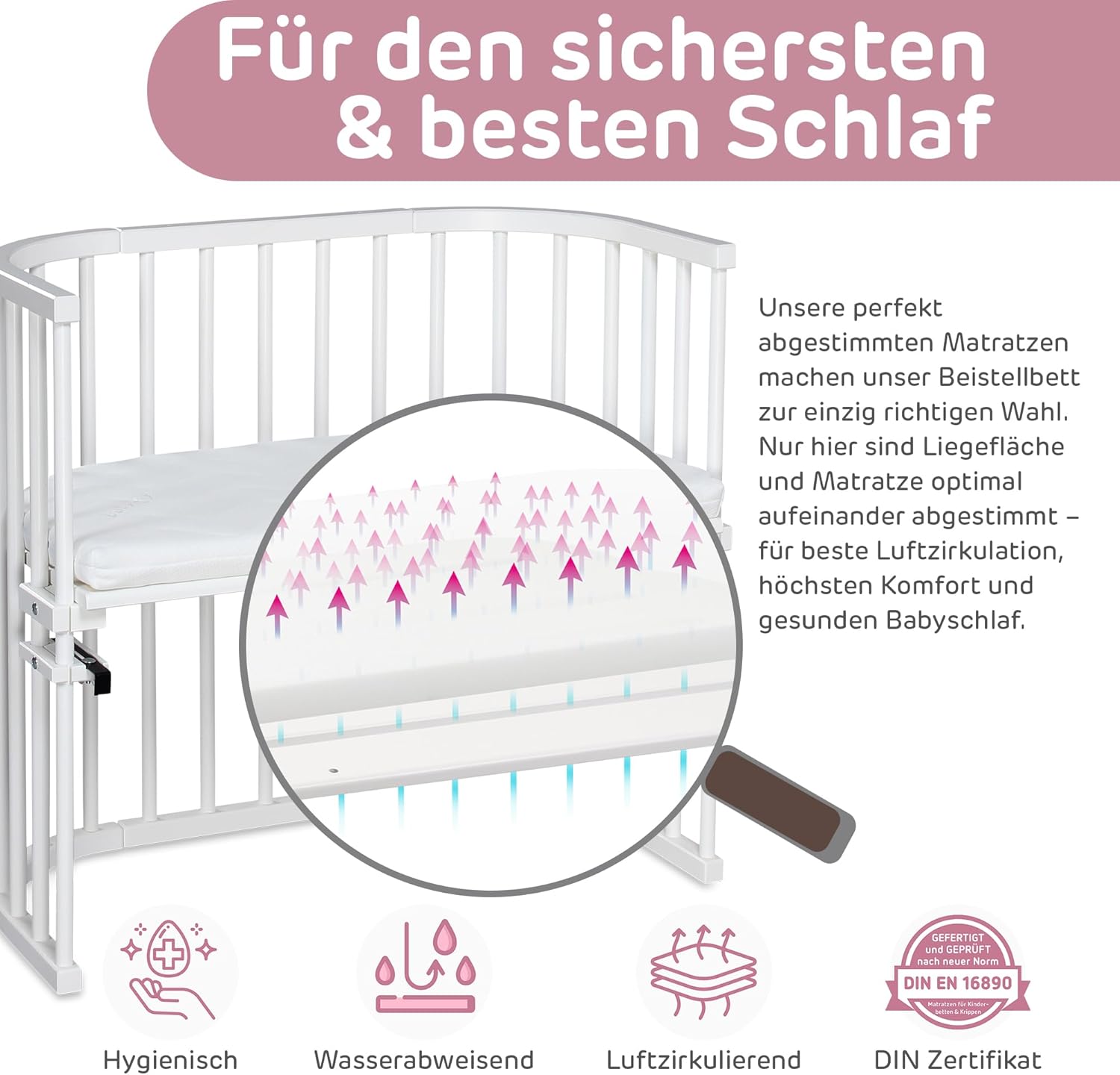 babybay Original Beistellbett aus massivem Buchenholz / kompakt & verwandelbar / Kinderbett Höhe stufenlos verstellbar & umweltfreundlich / mitwachsendes Babybett (weiß lackiert) / inkl. Matratze