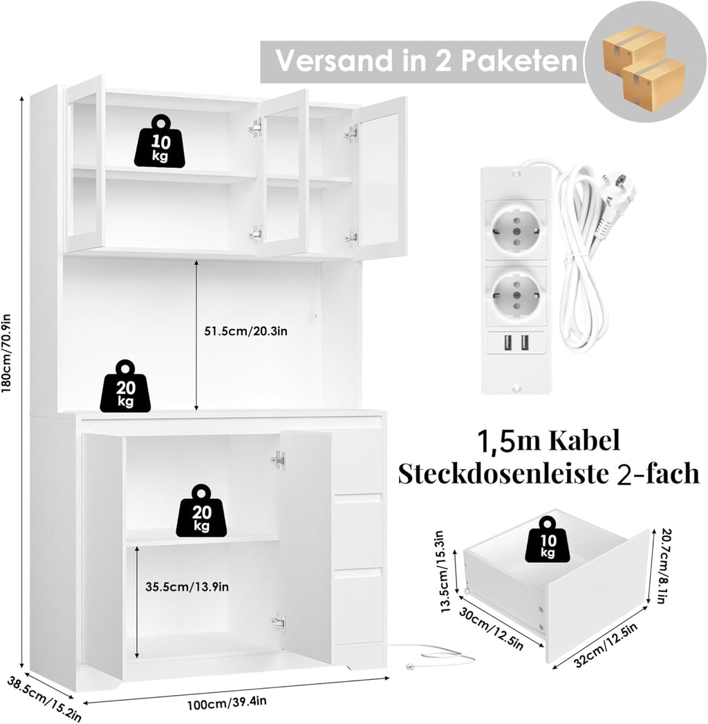 FirFurd Küchenschrank mit LED und Steckdosenleiste Buffetschrank Küchenschrank mit Arbeitsplatte und 3 Schubladen Küchenbuffet mit Verstellbares Regal Sideboard für Küche 180x100x38.5 cm weiß