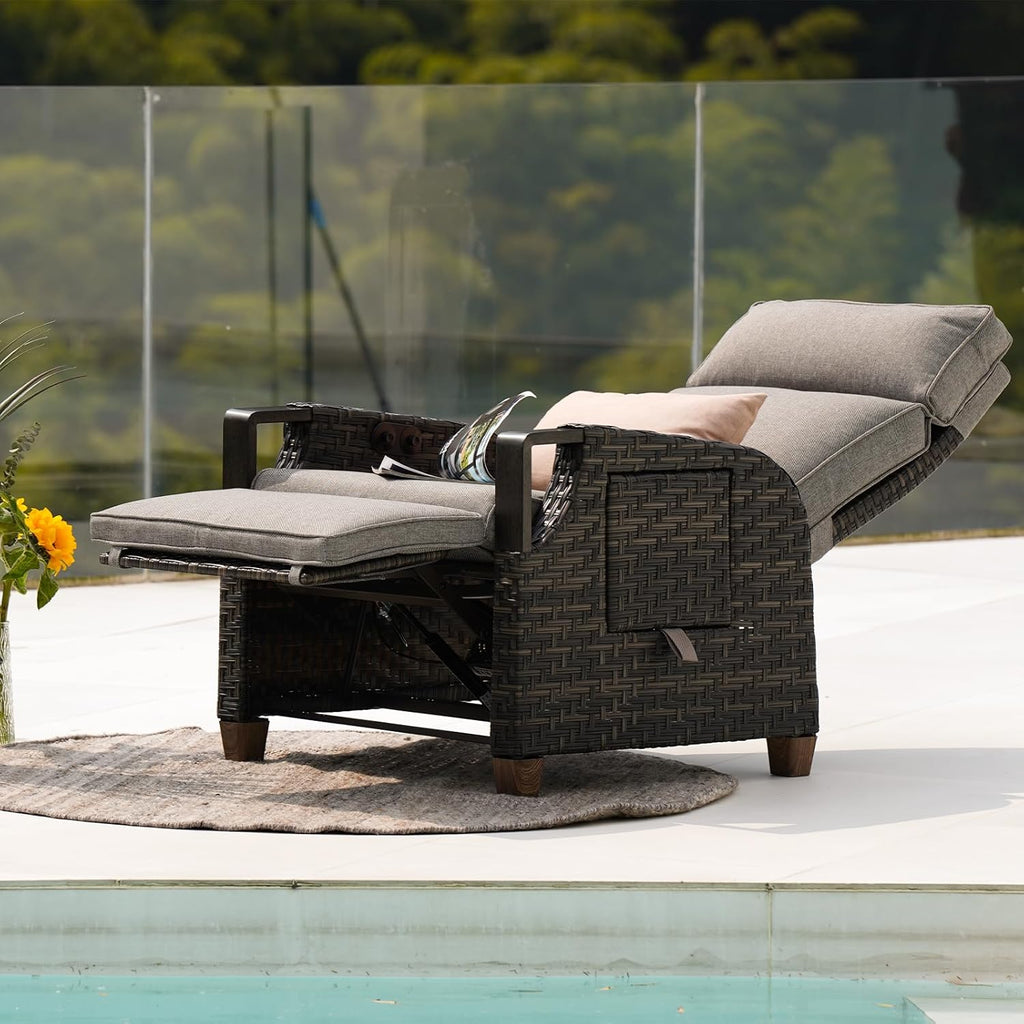 Grand patio Relaxliege Liegesessel mit Sitzkissen Armlehnensessel Verstellbare Rückenlehne Rattan Sonnenliege für Innen, Außeneinsatz, Dunkelgrau -Dunkel Grau Sitzkissen & Braun Rattan