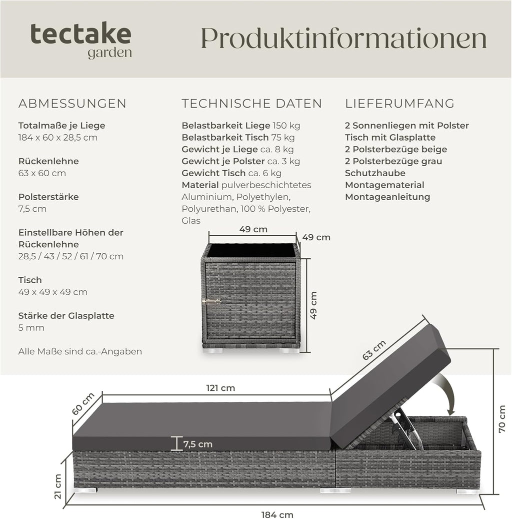 tectake® 2er Garten Lounge Sonnenliegen Set mit Tisch, Aluminium Gartenliege, Gartenlounge Outdoor, Relaxliege inkl. 2 Bezugsets und Schutzhülle, Outdoor Poly Rattan Gartenmöbel Set, 2er Set - grau