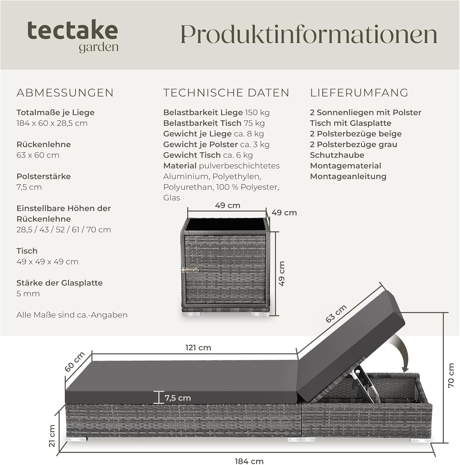 tectake® 2er Garten Lounge Sonnenliegen Set mit Tisch, Aluminium Gartenliege, Gartenlounge Outdoor, Relaxliege inkl. 2 Bezugsets und Schutzhülle, Outdoor Poly Rattan Gartenmöbel Set, 2er Set - grau