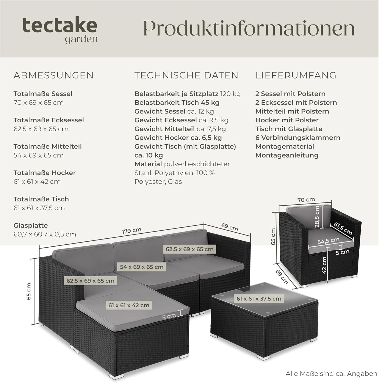 tectake® Poly Rattan Lounge, Outdoor Sitzgruppe, Set mit Sofa, 2 Sesseln, Hocker, Tisch, frei kombinierbar, Gartenmöbel für 5-6 Personen, für Garten Terrasse Balkon, inkl. Polster - schwarz