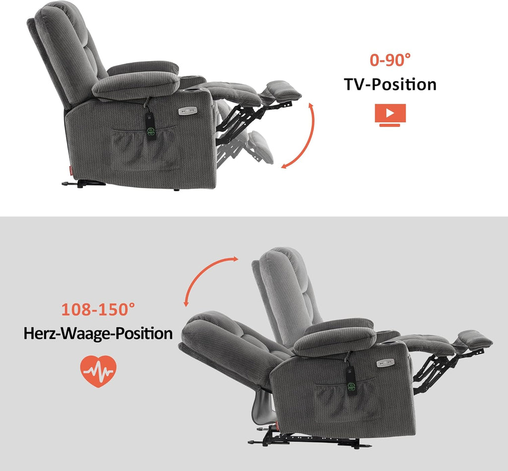 M MCombo Fernsehsessel elektrisch verstellbar 7008, Relaxsessel mit Liegefunktion, TV Sessel mit Massage & Wärmefunktion, USB & Getränkehalter, Wohnzimmer (Stoff, Grau)