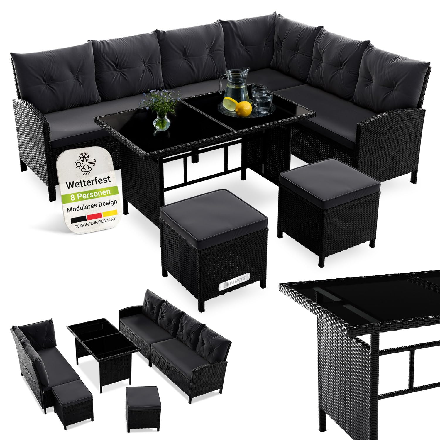 Juskys Polyrattan Lounge Manacor mit Ecksofa, Esstisch, 2 Hocker & Kissen - wetterfest bis 7 Personen - Bezüge waschbar - Rattan Garten Sitzgruppe Gartenlounge Gartenmöbel Set - Grau-meliert