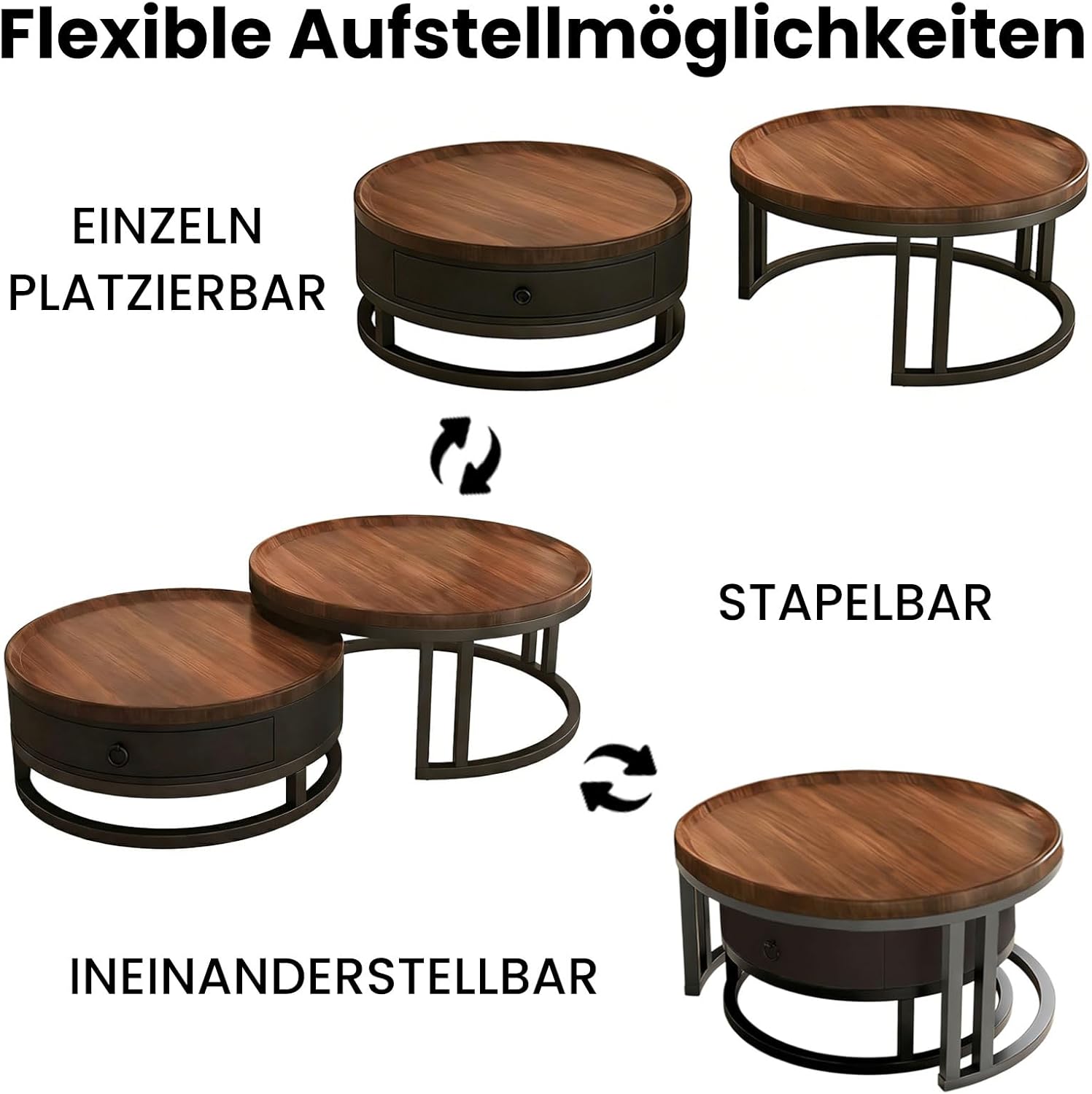 Generisch Couchtisch rund 2er Set mit Stauraum, Wohnzimmertisch mit Holz Schubladen, Walnussoptik und Metallrahmen, Moderne Kaffeetische Satztische Sofatisch für Wohnzimmer Schlafzimmer