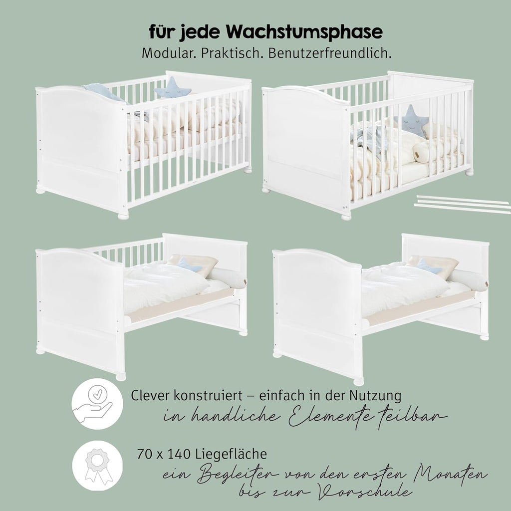 roba Babybett Set Adam & Eule - 70 x 140 cm - Mitwachsendes Kinderbett mit Bettwäsche, Himmel, Matratze - Höhenverstellbar - zu Juniorbett umbaubar - Holz weiß