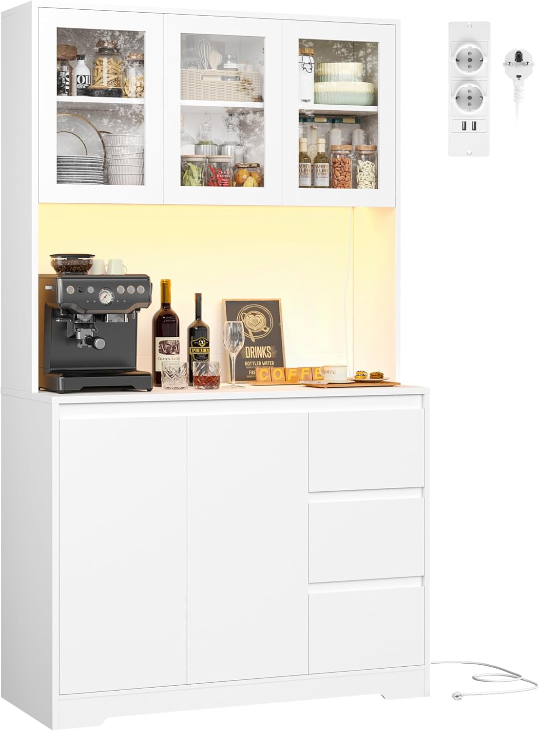 FirFurd Küchenschrank mit LED und Steckdosenleiste Buffetschrank Küchenschrank mit Arbeitsplatte und 3 Schubladen Küchenbuffet mit Verstellbares Regal Sideboard für Küche 180x100x38.5 cm weiß