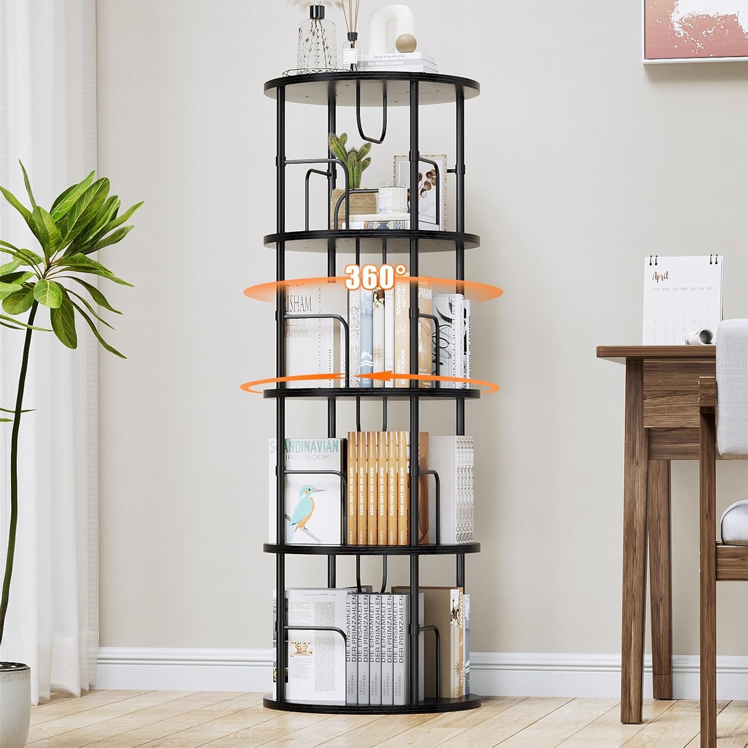 Generisch 360° Drehbares Bücherregal, Bodenstehendes Bücherschrank Aus Holz, Bookshelf Mit 5 Ebenen, Verstellbare Ebenen, Standregal, 45×45×160cm, Weiß