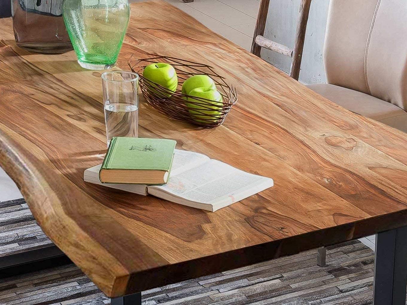 SAM Baumkantentisch 220x100 cm Quarto, Akazienholz massiv + nussbaumfarben, Esstisch mit schwarzem U-Gestell, Esszimmertisch/Holztisch Industrial-Design, Tischplatte 26 mm