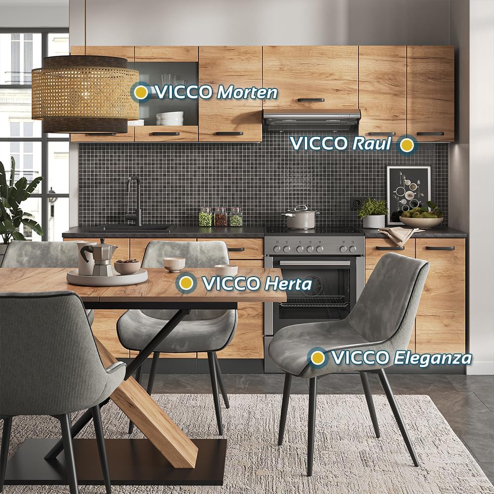 Vicco Küchenzeile Raul, Goldkraft Eiche/Anthrazit, 240 cm, AP Schwarz Gemustert, mit modularen Elementen flexibel kombinierbar