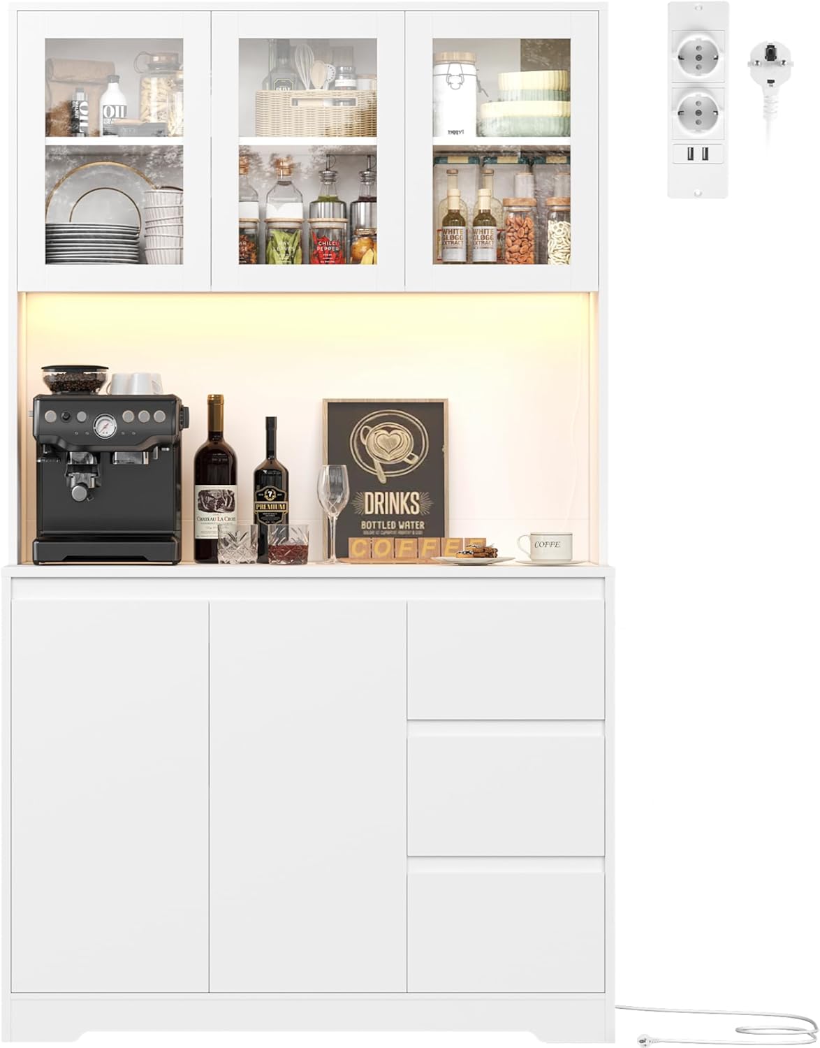 FirFurd Küchenschrank mit LED und Steckdosenleiste Buffetschrank Küchenschrank mit Arbeitsplatte und 3 Schubladen Küchenbuffet mit Verstellbares Regal Sideboard für Küche 180x100x38.5 cm weiß