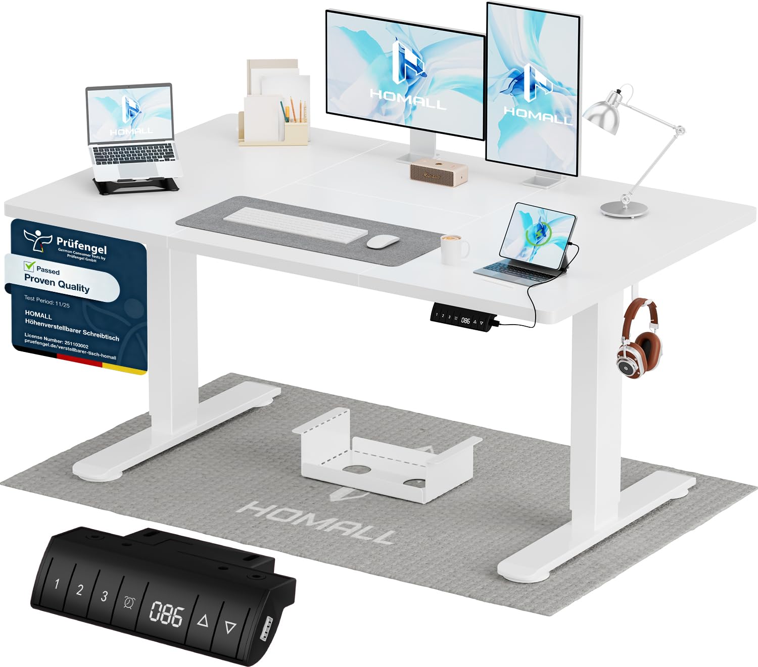 Homall Höhenverstellbarer Schreibtisch 200x80cm mit USB-A Ladeanschluss, Elektrischer Schreibtisch mit Kabel Management Tray, Standing Desk mit 3 Memory Funktion, Computertisch Weiß