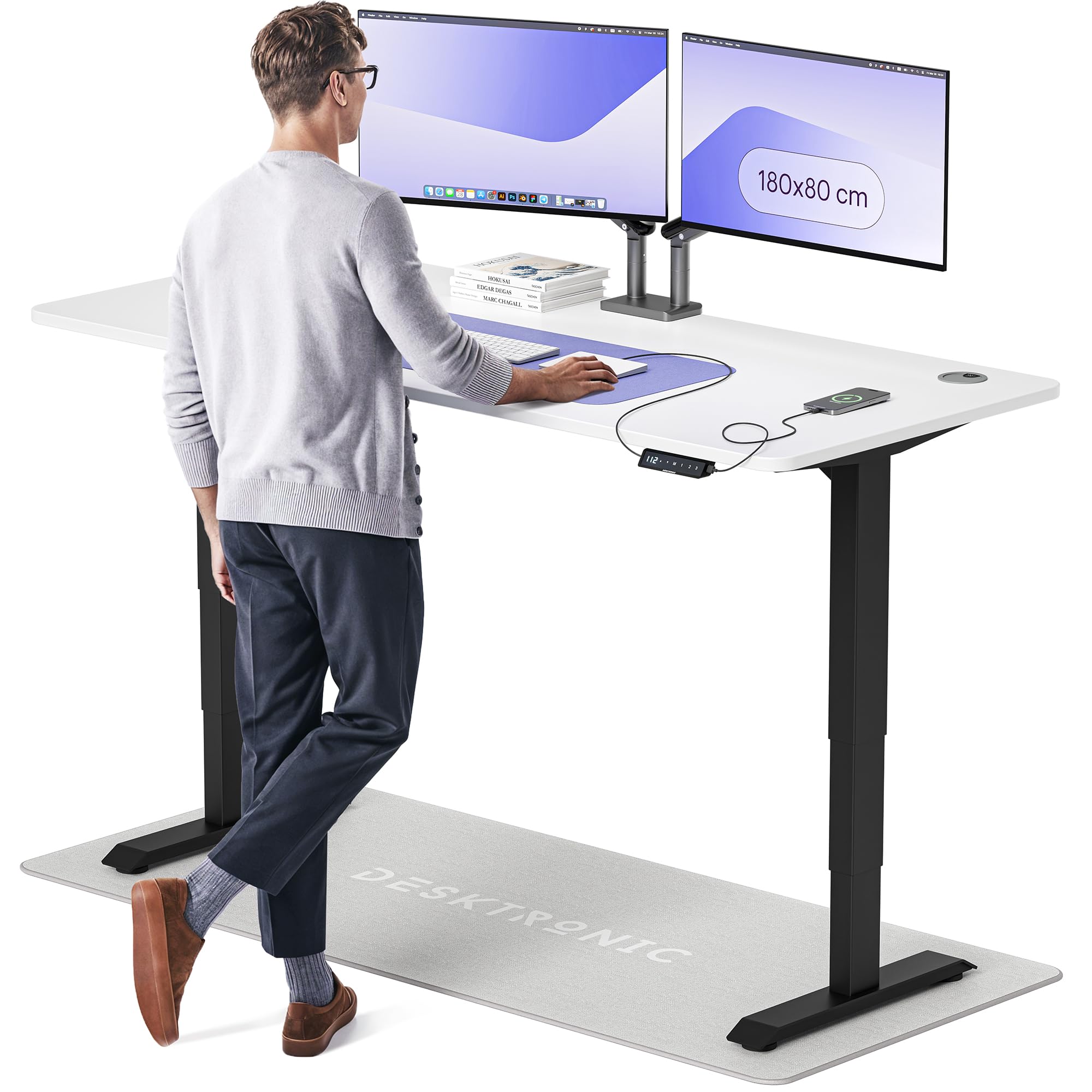 Desktronic HomePro Höhenverstellbarer Schreibtisch 160 × 80 cm – Elektrischer Schreibtisch Mit Zwei Elektrischen Motoren, Touchscreen-Steuerung und Integrierten USB-A- und USB-C-Ladeanschlüssen
