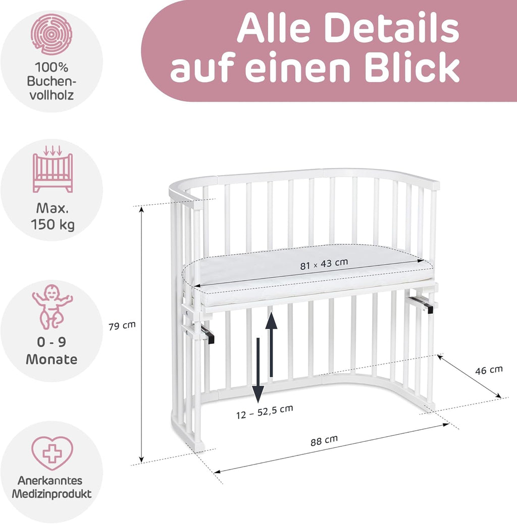 babybay Original Beistellbett aus massivem Buchenholz / kompakt & verwandelbar / Kinderbett Höhe stufenlos verstellbar & umweltfreundlich / mitwachsendes Babybett (weiß lackiert) / inkl. Matratze