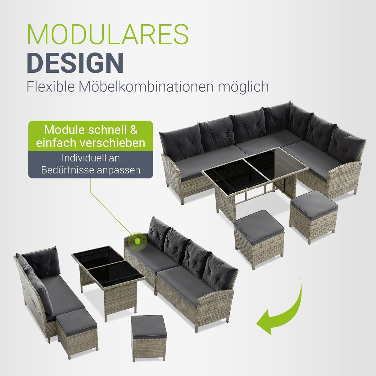 Juskys Polyrattan Lounge Manacor mit Ecksofa, Esstisch, 2 Hocker & Kissen - wetterfest bis 7 Personen - Bezüge waschbar - Rattan Garten Sitzgruppe Gartenlounge Gartenmöbel Set - Grau-meliert