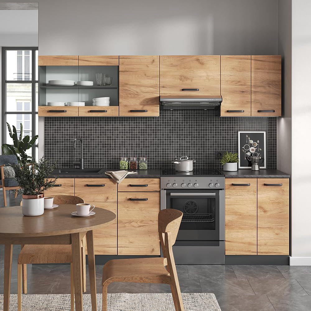 Vicco Küchenzeile Raul, Goldkraft Eiche/Anthrazit, 240 cm, AP Schwarz Gemustert, mit modularen Elementen flexibel kombinierbar