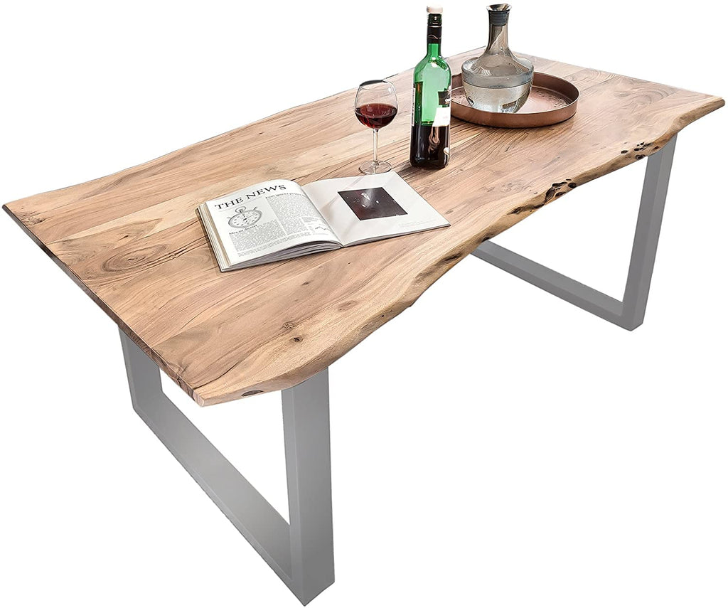 SAM Baumkantentisch 220x100 cm Quarto, Akazienholz massiv + nussbaumfarben, Esstisch mit schwarzem U-Gestell, Esszimmertisch/Holztisch Industrial-Design, Tischplatte 26 mm