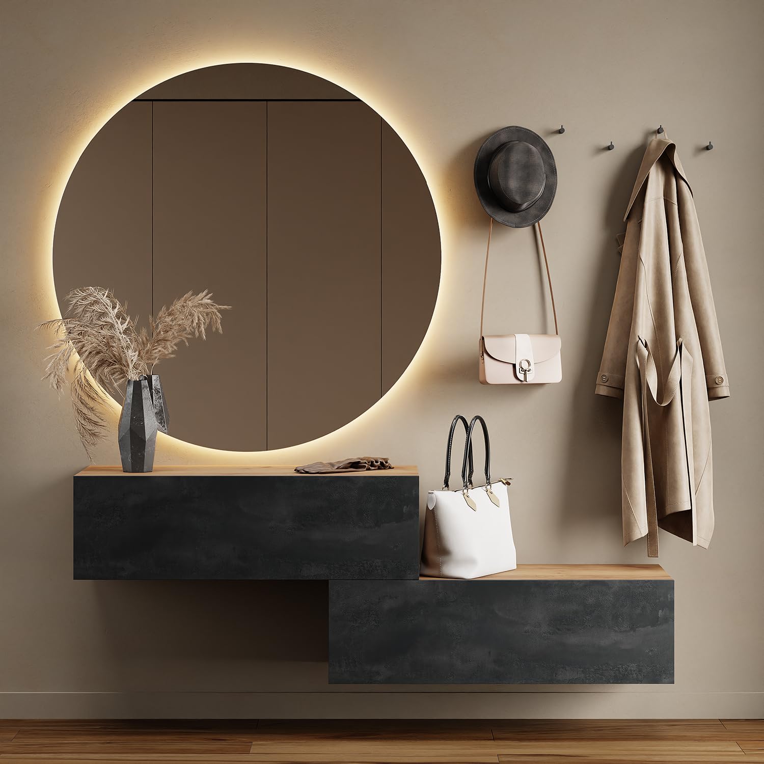 Planetmöbel Flur Möbel Garderobe Hängeschrank 2X 140 cm Gold Eiche - Anthrazit, Kompaktgarderobe mit Klappe als Stauraum, Wandgarderobe hängend oder stehend, 37,8T x 140B x 32,5H cm