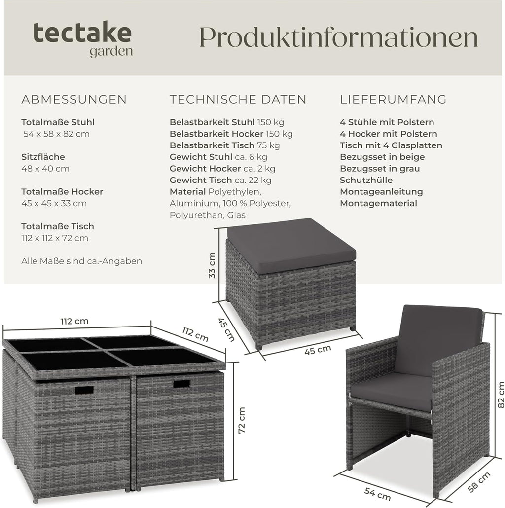 tectake® Rattan Lounge Möbel Set mit Aluminium Gestell, 4 Stühle, 4 Hocker, Tisch, platzsparende Aufbewahrung, Outdoor Rattan Gartenmöbel für Garten Terrasse, mit Abdeckung und 2 Bezugssets - grau