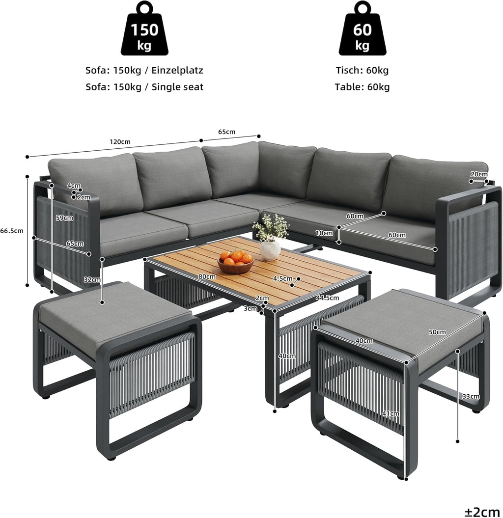 Merax Gartenmöbel Lounge Set 6-7 Personen, Gartensofa Eckgarnitur mit Liege, Handgewebtes Seil Outdoor Sofa, Wetterfestes Gartenmöbel Set für Terrasse, Balkon, Garten, Grau