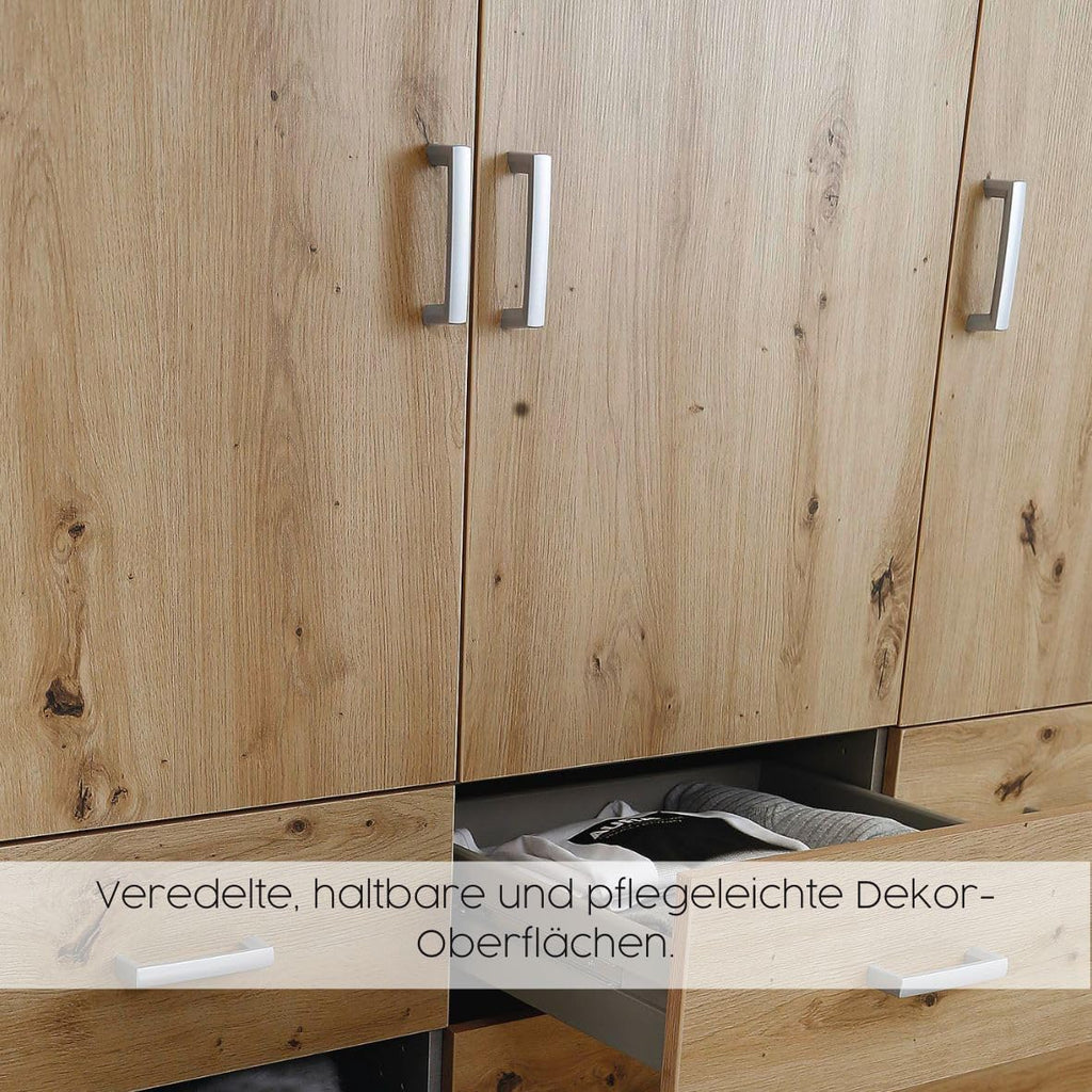 Rauch Möbel Celle, Kleiderschrank für Schlafzimmer, Kinderzimmer, Babyzimmer, Garderobe, Flur, 3-türig, 6 Schubladen, Farbe Hochglanz Weiß/Weiß, Breite 136 cm