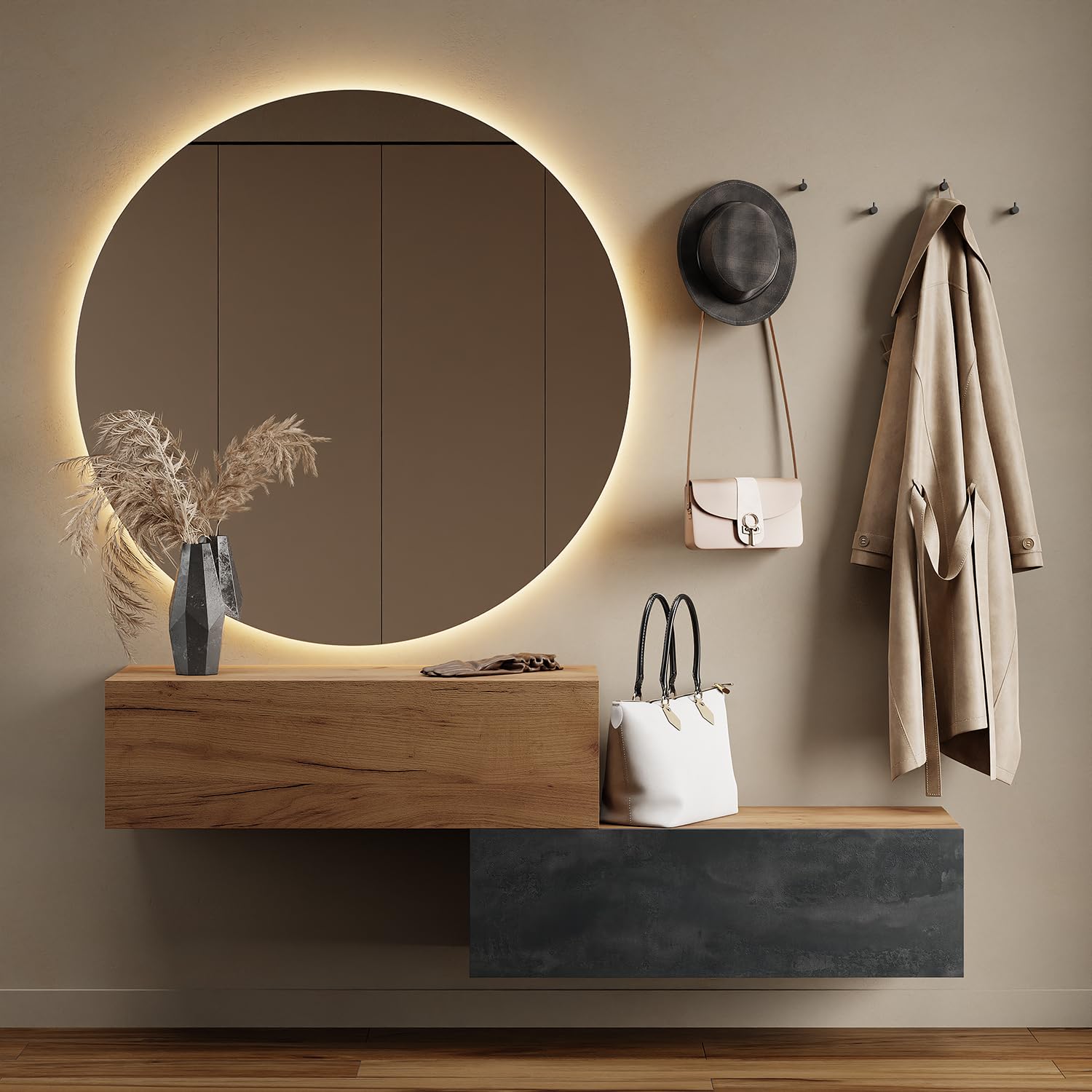 Planetmöbel Flur Möbel Garderobe Hängeschrank 2X 140 cm Gold Eiche - Anthrazit, Kompaktgarderobe mit Klappe als Stauraum, Wandgarderobe hängend oder stehend, 37,8T x 140B x 32,5H cm