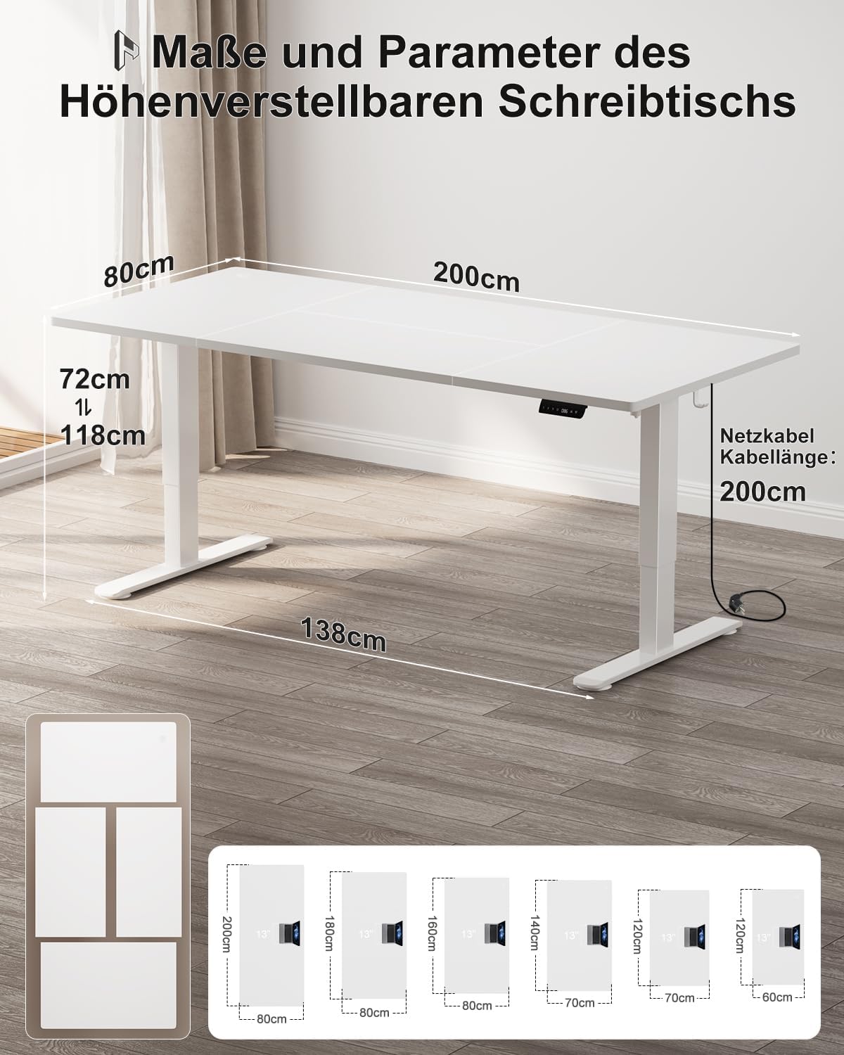 Homall Höhenverstellbarer Schreibtisch 200x80cm mit USB-A Ladeanschluss, Elektrischer Schreibtisch mit Kabel Management Tray, Standing Desk mit 3 Memory Funktion, Computertisch Weiß