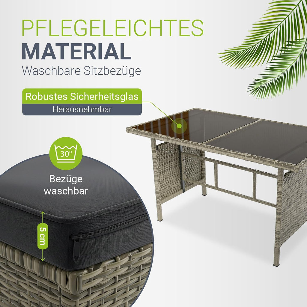 Juskys Polyrattan Lounge Manacor mit Ecksofa, Esstisch, 2 Hocker & Kissen - wetterfest bis 7 Personen - Bezüge waschbar - Rattan Garten Sitzgruppe Gartenlounge Gartenmöbel Set - Grau-meliert