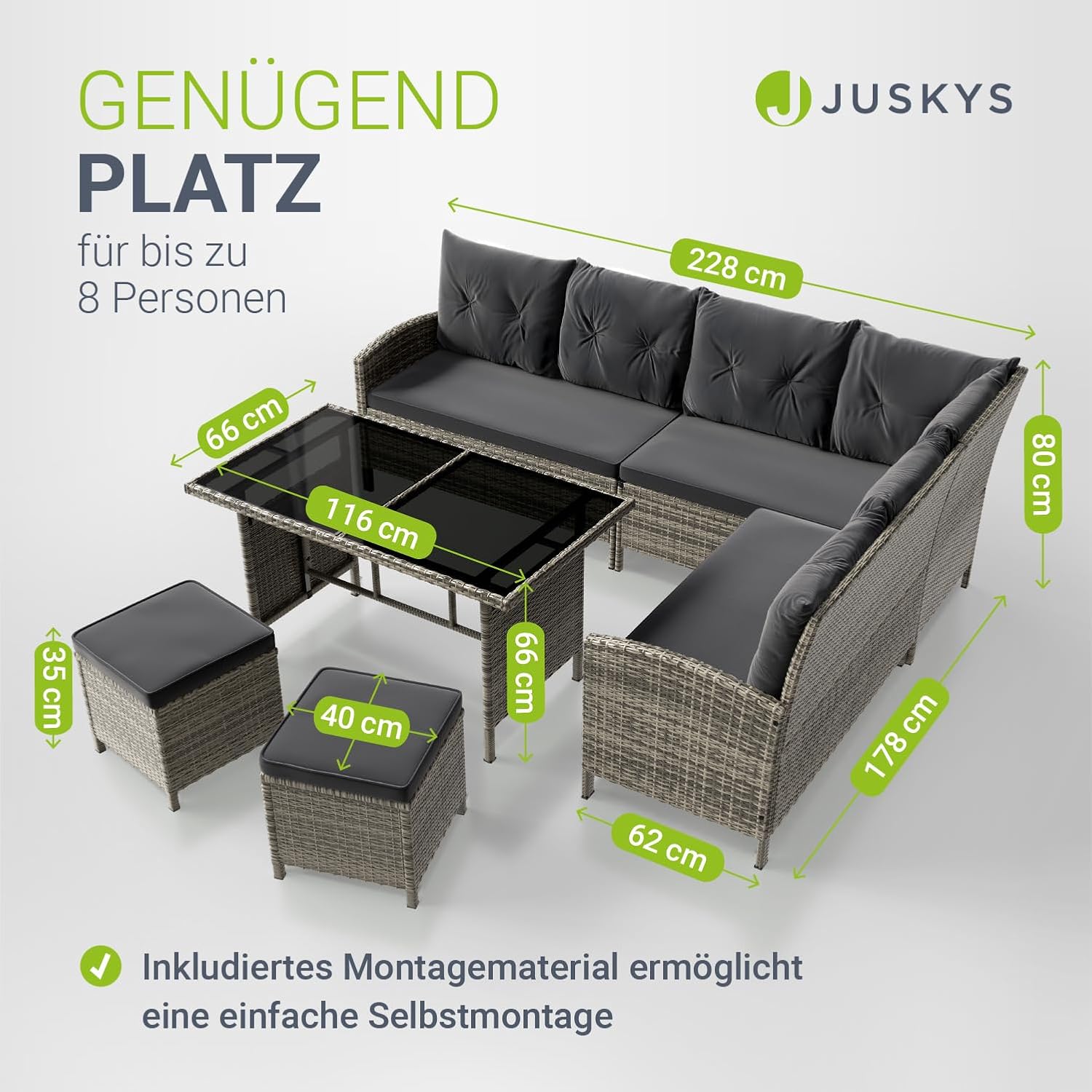 Juskys Polyrattan Lounge Manacor mit Ecksofa, Esstisch, 2 Hocker & Kissen - wetterfest bis 7 Personen - Bezüge waschbar - Rattan Garten Sitzgruppe Gartenlounge Gartenmöbel Set - Grau-meliert