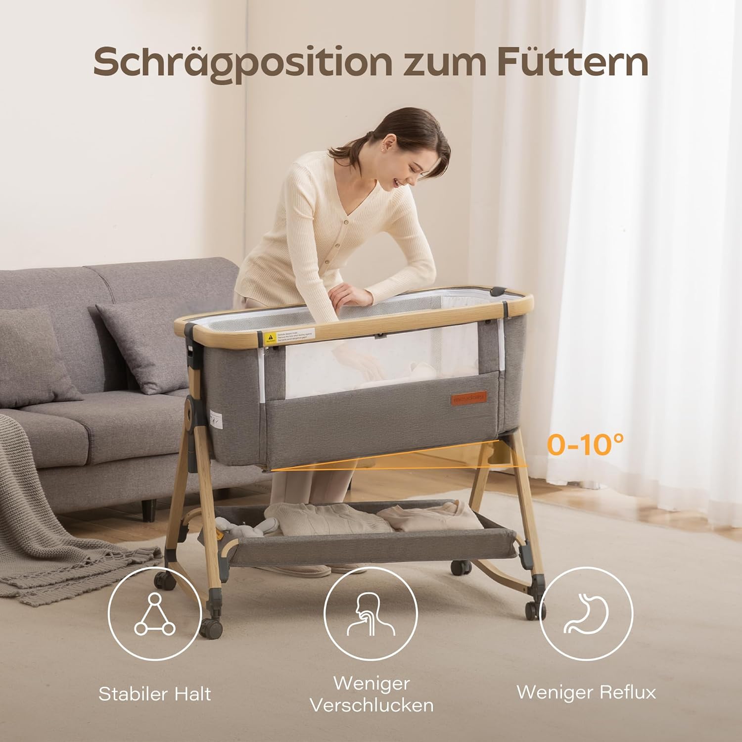 Maydolly 3-in-1 Baby Beistellbett – Vielseitiges Beistellbett, Reisebett & Stubenwagen inklusive Matratze & Moskitonetz – Höhenverstellbar mit Rollen, klappbar und mit Tragetasche – Grau