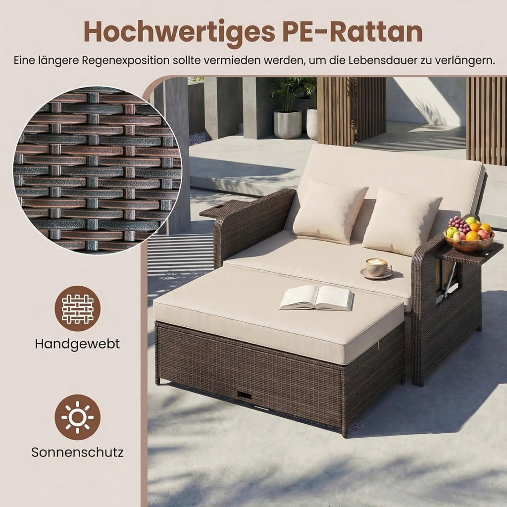 GIANTEX Lounge Möbel Outdoor, Rattan Gartenlounge Set mit Hocker, Gartensofa mit Liegefunktion, Balkon Lounge Set, Doppelliege Outdoor Sofa, Balkonmöbel Sonneninsel Loungebett mit stauraum | Drei in einem Design