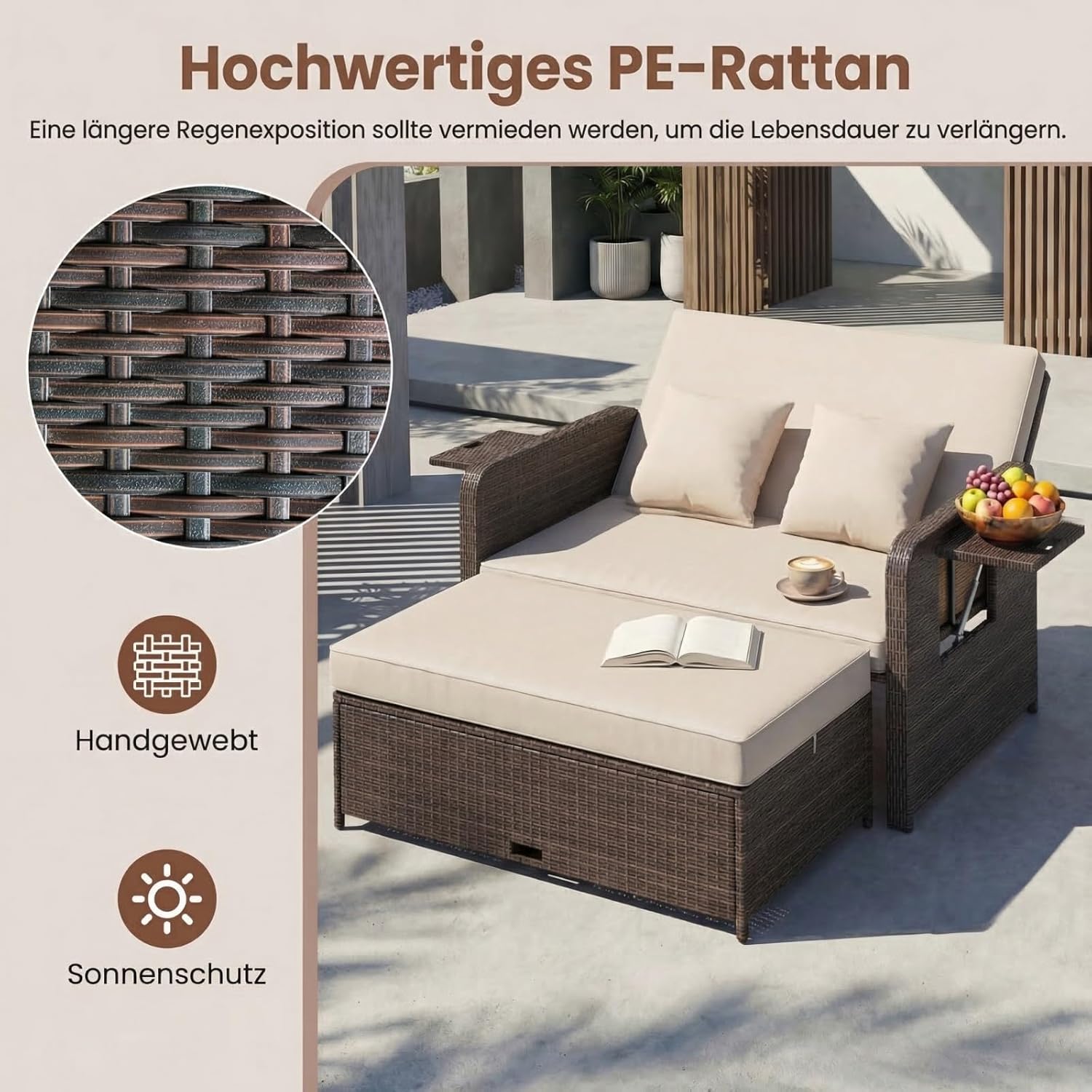 GIANTEX Lounge Möbel Outdoor, Rattan Gartenlounge Set mit Hocker, Gartensofa mit Liegefunktion, Balkon Lounge Set, Doppelliege Outdoor Sofa, Balkonmöbel Sonneninsel Loungebett mit stauraum | Drei in einem Design