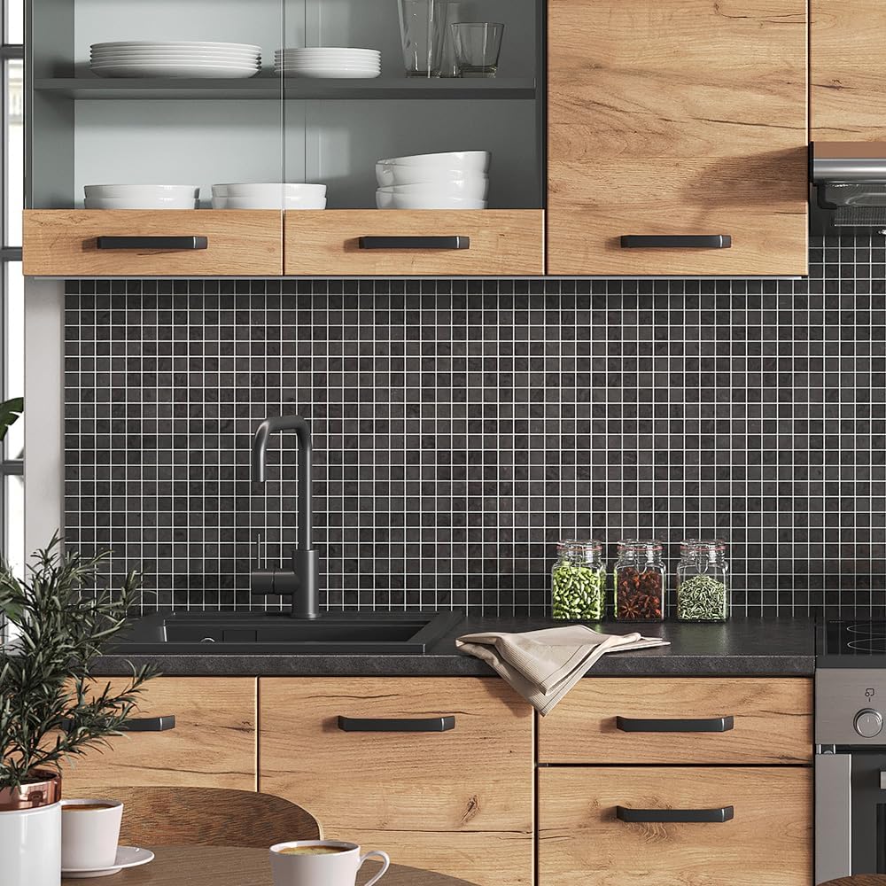 Vicco Küchenzeile Raul, Goldkraft Eiche/Anthrazit, 240 cm, AP Schwarz Gemustert, mit modularen Elementen flexibel kombinierbar