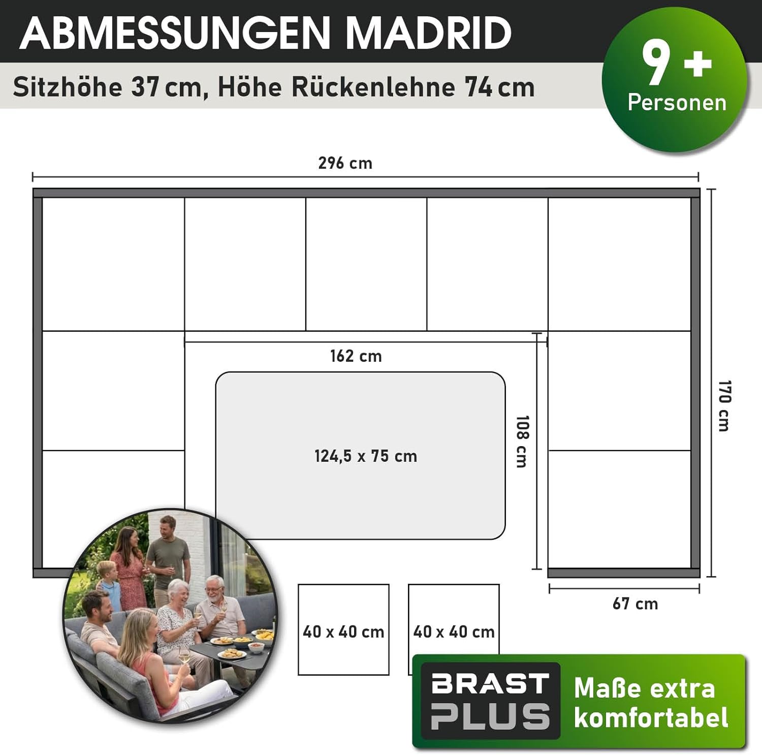 BRAST Loungemöbel Garten Set Madrid | bis zu 11 Personen | 296x170x70cm | wetterfest wasserabweisend | stabiles Stahlgestell | Outdoor Sofa Dining Lounge Gartenmöbel Sitzgruppe Essgruppe