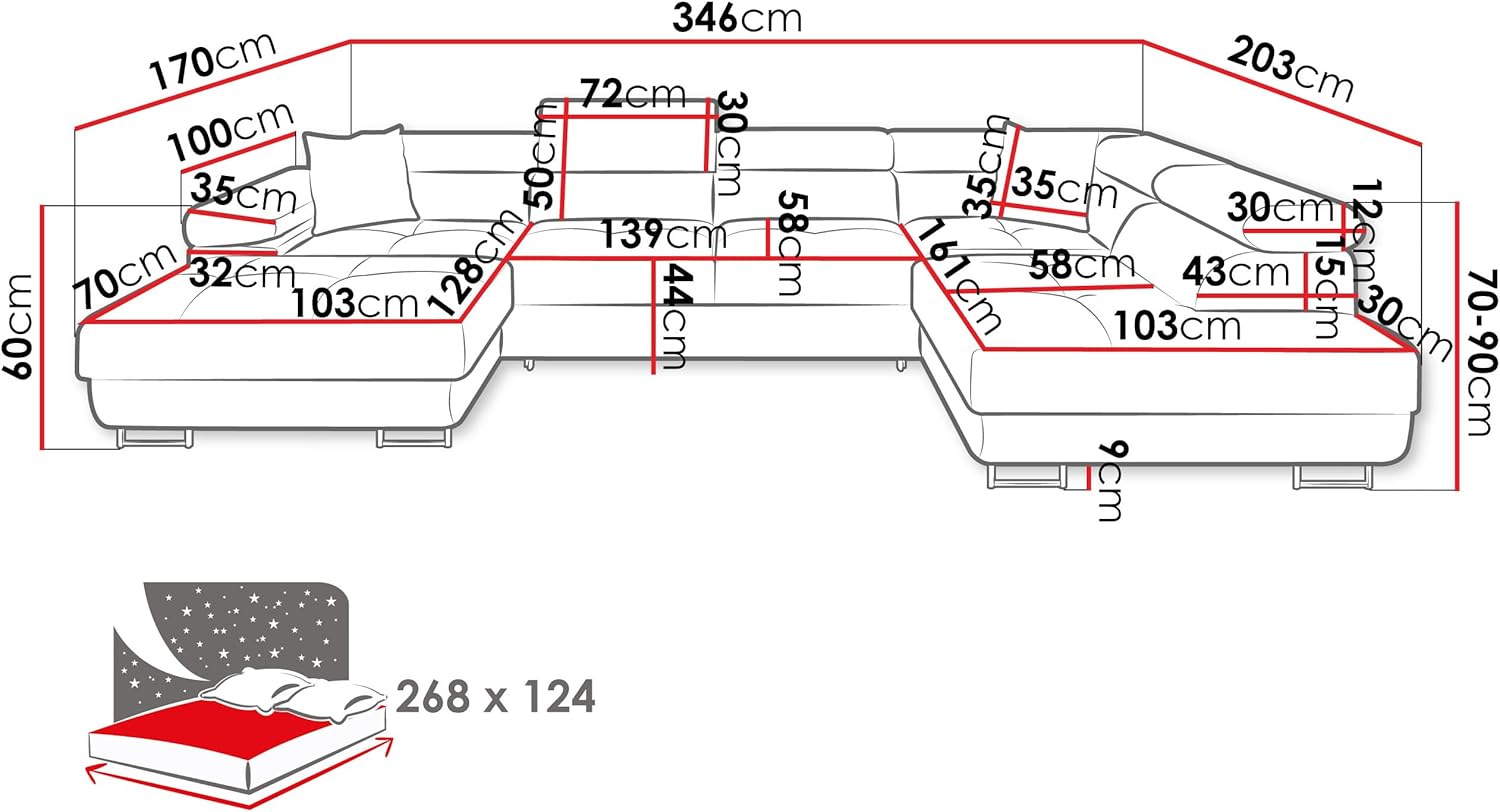 Mirjan24 Ecksofa Torezio Bis mit Bettkasten, Einstellbare Kopfstützen, Sofa mit Schlaffunktion, Eckcouch für Wohnzimmer, Polsterecke, U-Form Couch mit Bettfunktion (Soft 011 + Lux 06, Seite: Rechts)