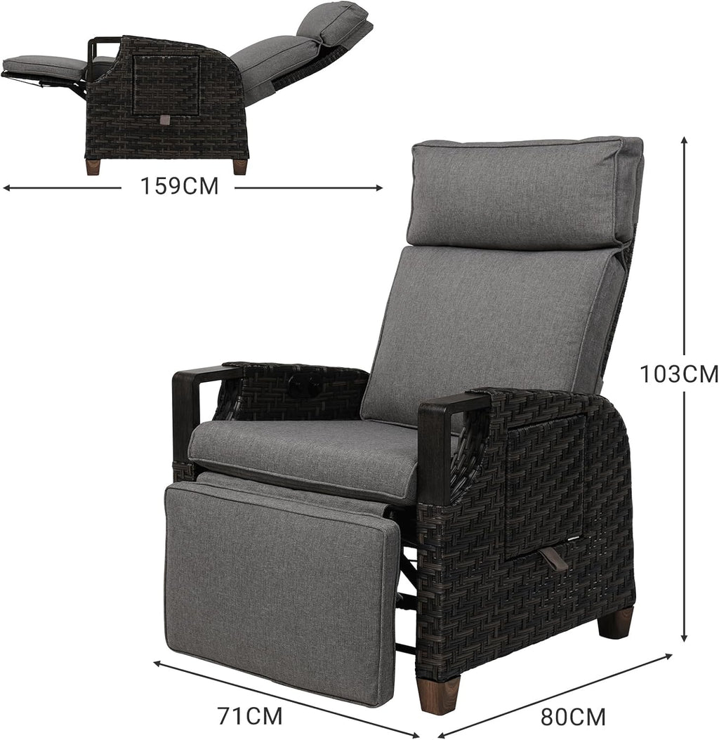 Grand patio Relaxliege Liegesessel mit Sitzkissen Armlehnensessel Verstellbare Rückenlehne Rattan Sonnenliege für Innen, Außeneinsatz, Dunkelgrau -Dunkel Grau Sitzkissen & Braun Rattan