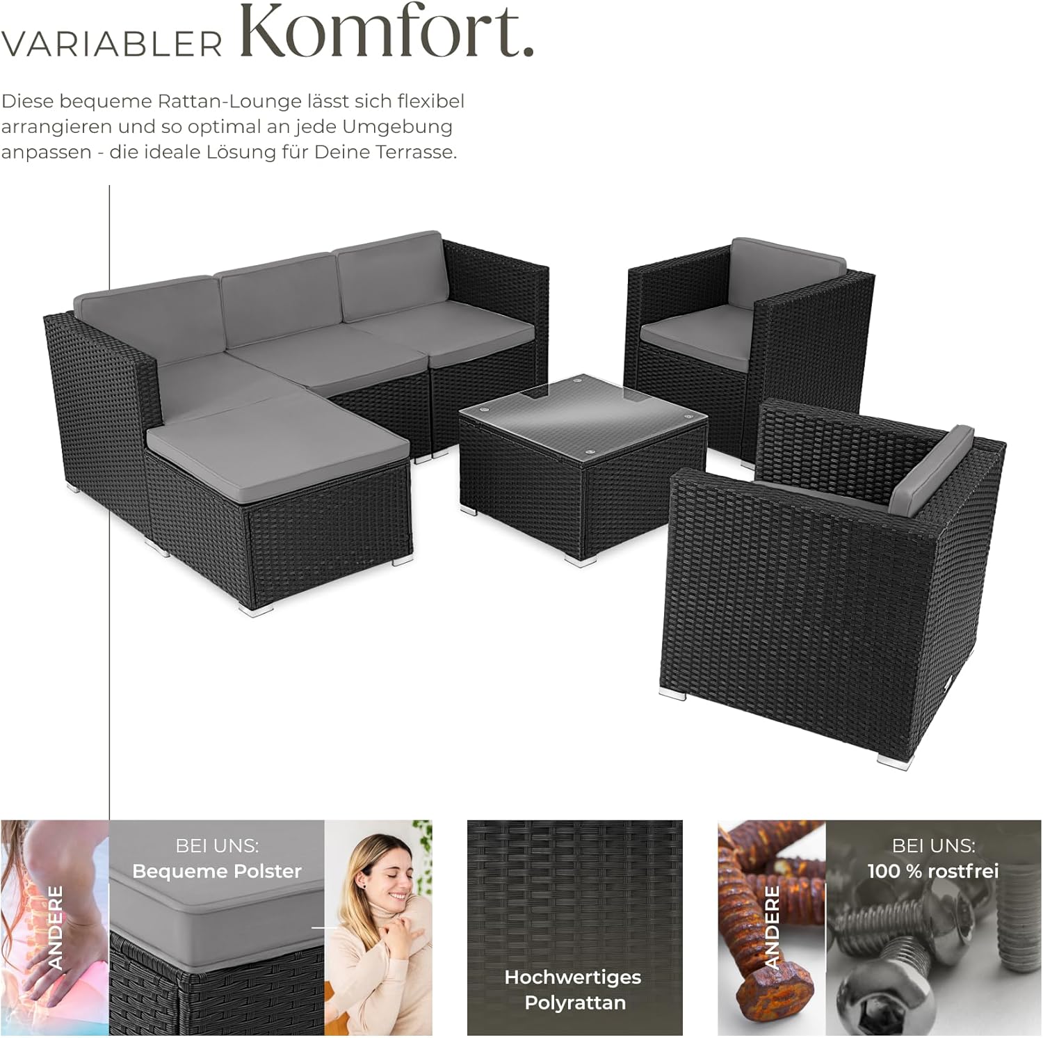 tectake® Poly Rattan Lounge, Outdoor Sitzgruppe, Set mit Sofa, 2 Sesseln, Hocker, Tisch, frei kombinierbar, Gartenmöbel für 5-6 Personen, für Garten Terrasse Balkon, inkl. Polster - schwarz