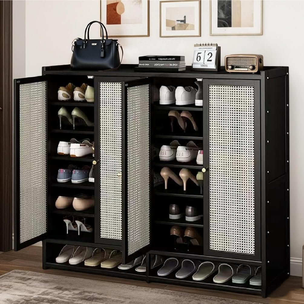 Generisch Schuhschrank Holz mit Korbgeflecht-Türen, Moderner Bambus Schuhschränke, Schuhregal mit Stauraum, Shoes Cabinet für Flur, Wohnzimmer, Schlafzimmer,H