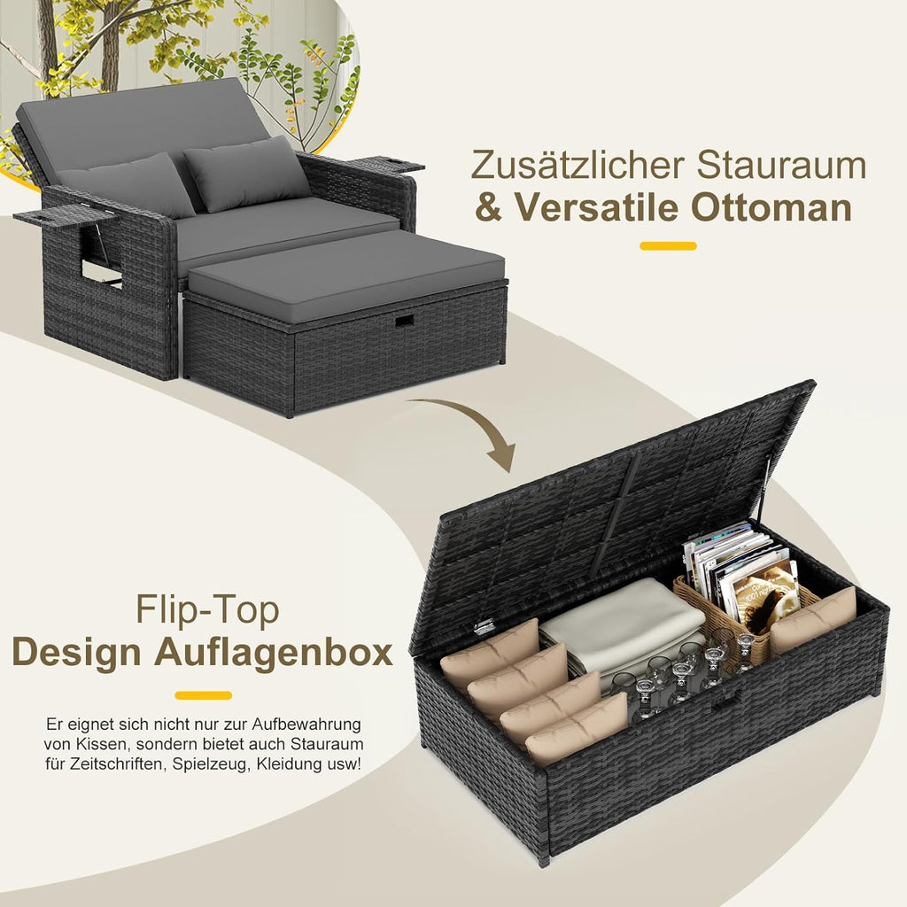 UDPATIO Rattan Lounge Möbel Outdoor, Lounge Balkonmöbel Gartensofa mit Hocker,Rattan Sofa mit Stauraum, Verstellbares 2 Sitzer Garten-Bett für Terrasse,Balkon,Garten,Grau-meliert & Dunkelgraue Bezüge