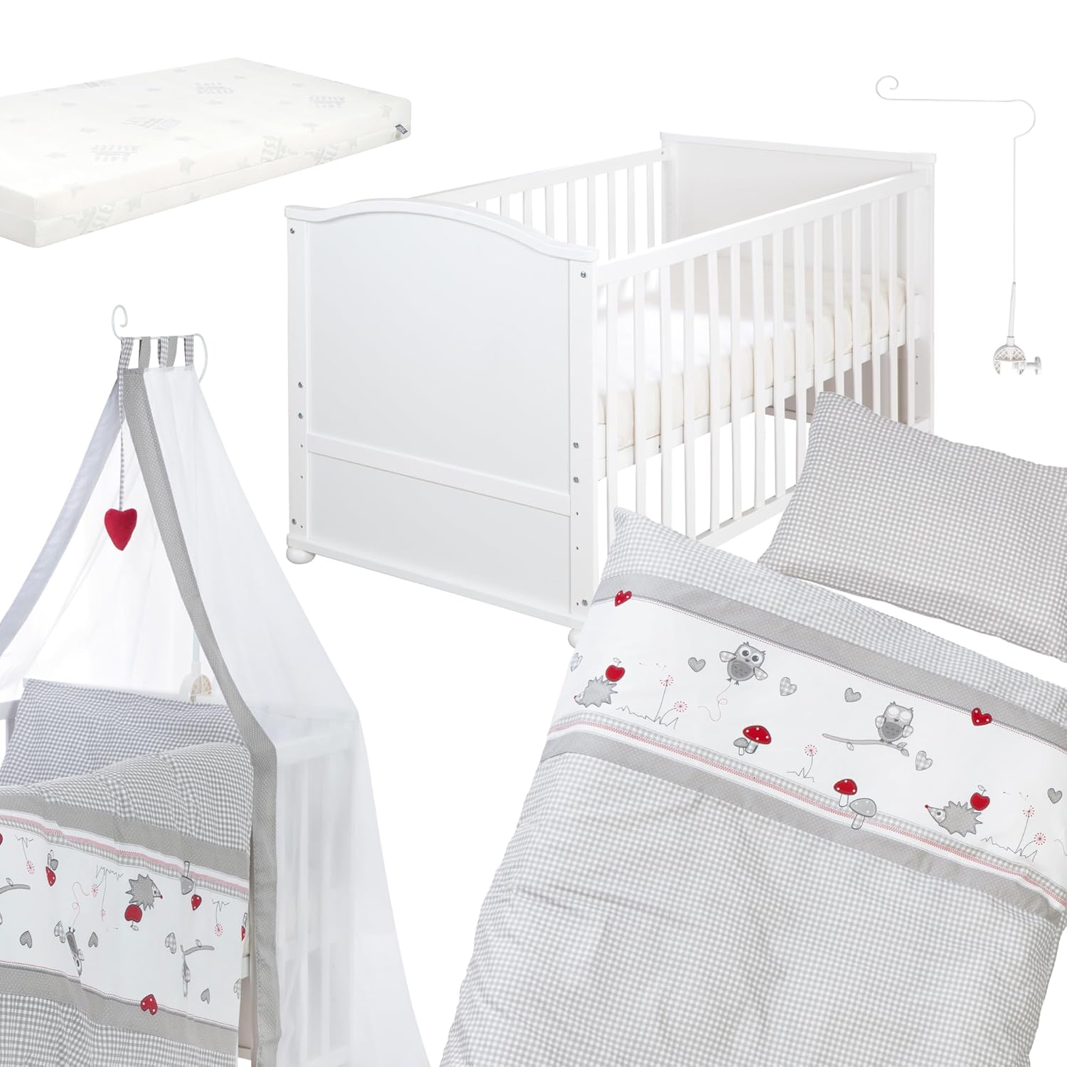 roba Babybett Set Adam & Eule - 70 x 140 cm - Mitwachsendes Kinderbett mit Bettwäsche, Himmel, Matratze - Höhenverstellbar - zu Juniorbett umbaubar - Holz weiß