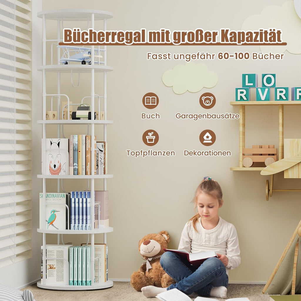 Generisch 360° Drehbares Bücherregal, Bodenstehendes Bücherschrank Aus Holz, Bookshelf Mit 5 Ebenen, Verstellbare Ebenen, Standregal, 45×45×160cm, Weiß